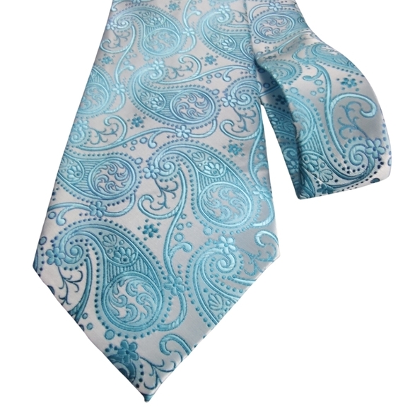 None Other - Bright Blue and Silver Paisley Handmade Silk Tie